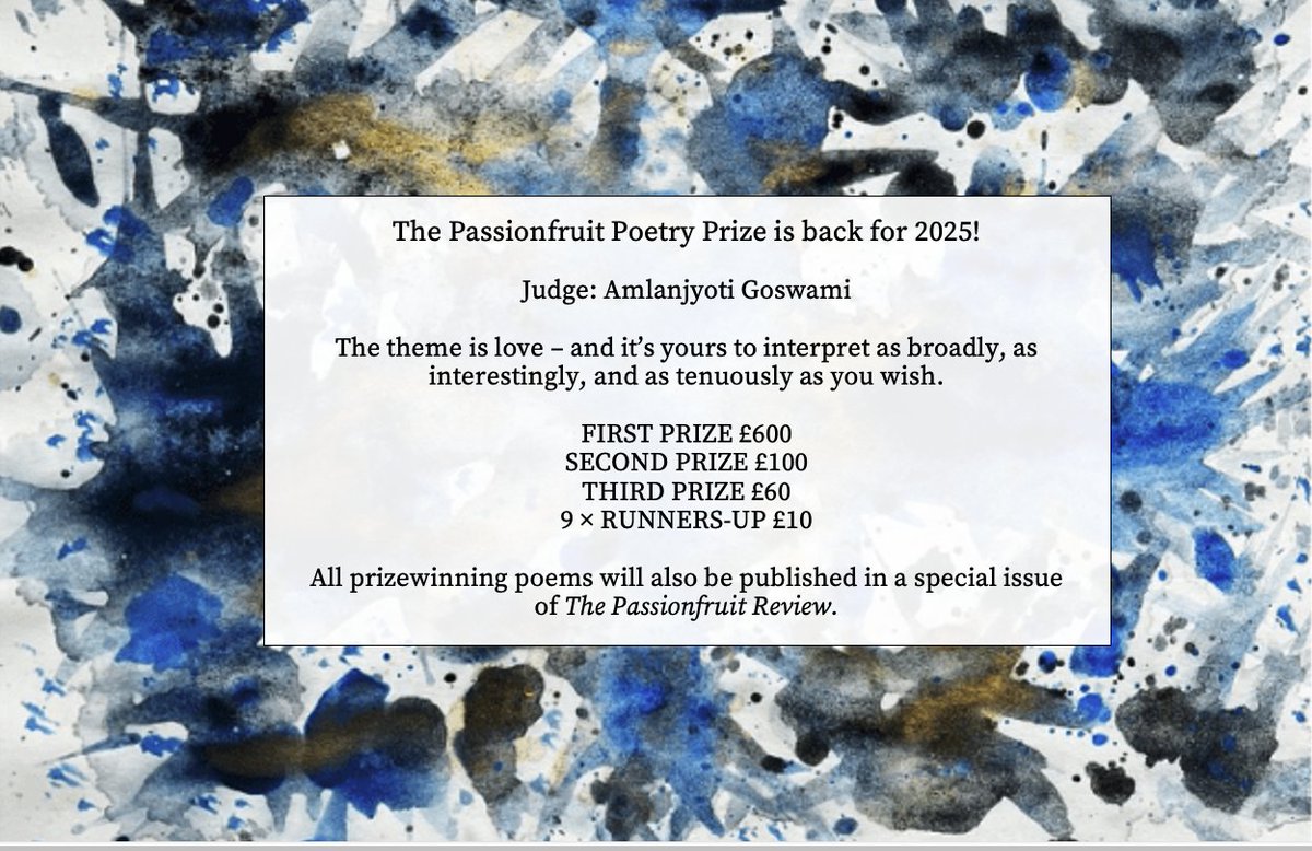 Passionfruitlit's tweet image. Calling all poets!📢
SUBMISSIONS ARE OPEN for the Passionfruit Poetry Prize!
Send us your best! Tell your friends!
For more details, see our website (link in bio).
