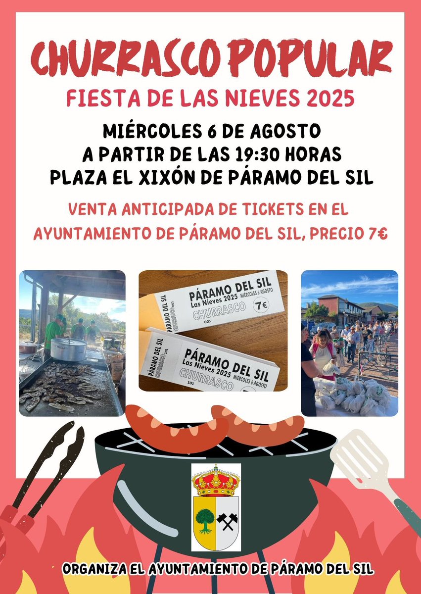 AytoParamo's tweet image. 🎟️YA A LA VENTA LOS TICKETS DEL CHURRASCO DEL MIÉRCOLES 6 DE AGOSTO
🎉FIESTAS PATRONALES DE NUESTRA SEÑORA DE LAS NIEVES 2025
📍Venta anticipada en el Ayto de Páramo del Sil
🪙Precio 7€
#Paramodelsil #LasNieves2025
#ComisiondeFiestasParamodelSil
#AyuntamientodeParamodelSil