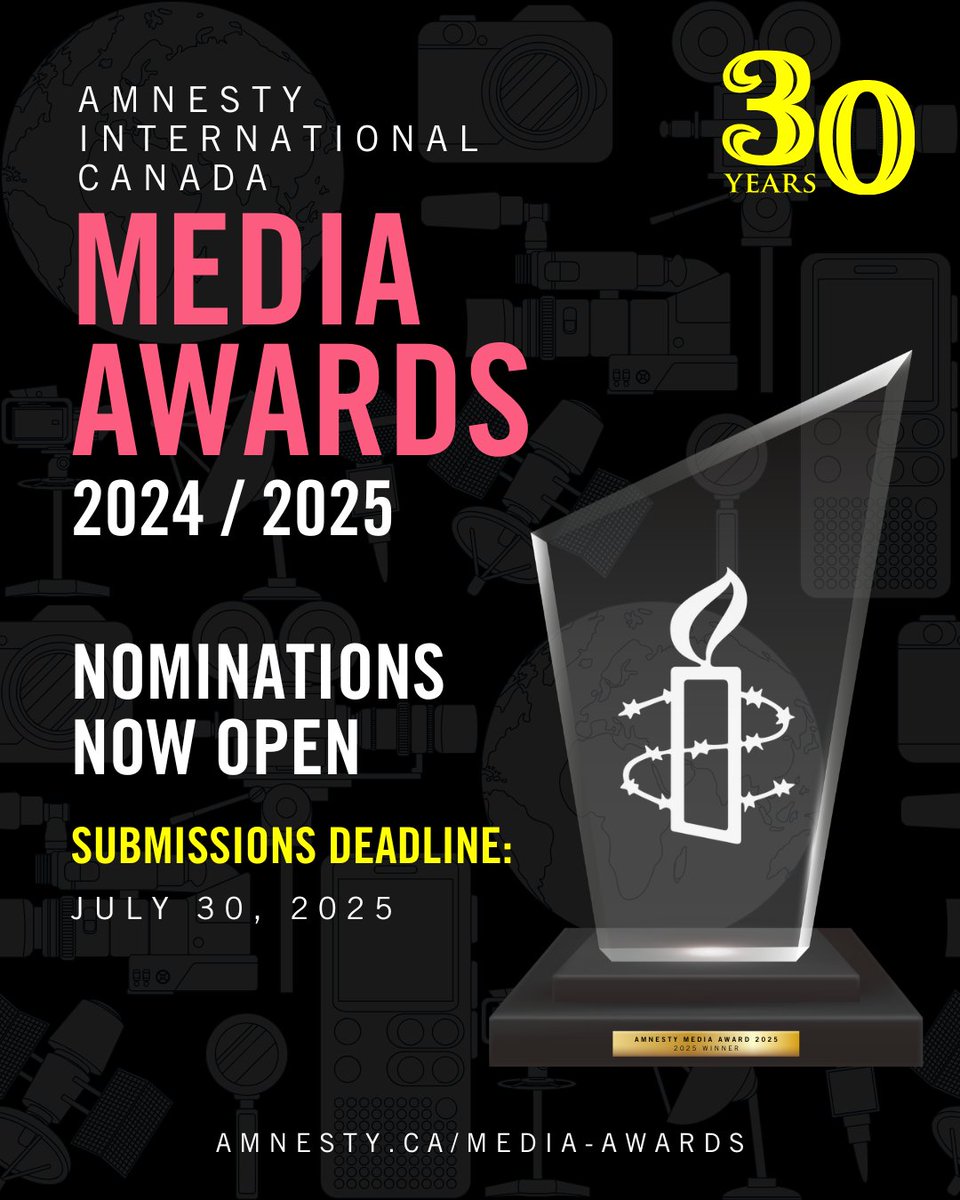 AmnestyNow's tweet image. 📣 Nominations are now open for the 2024-2025 Amnesty Media Awards

We invite reporters, editors, student journalists and media outlets across Canada to send in their best human-rights-focused work

📅 Deadline for Submissions is July 30, 2025
🔗 Details: amnesty.ca/media-awards