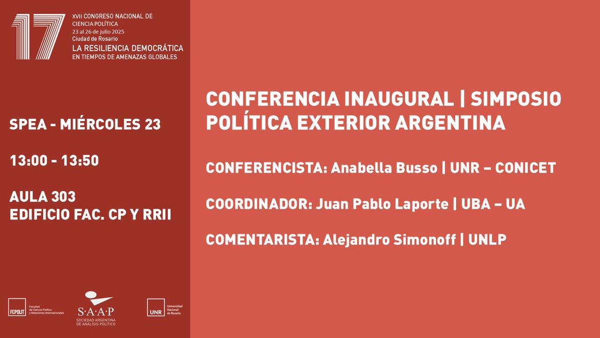 SAAP (@redsaap) on Twitter photo Conferencia Inaugural del Simposio de Política Exterior Argentina (SPEA) organizado por <a href="/LaporteJP/">Juan Pablo Laporte</a>
Miércoles 23 - SPEA
13:00 - 13:50
Aula 303 Conferencia Inaugural del Simposio de Política Exterior Argentina (SPEA) organizado por <a href="/LaporteJP/">Juan Pablo Laporte</a>
Miércoles 23 - SPEA
13:00 - 13:50
Aula 303