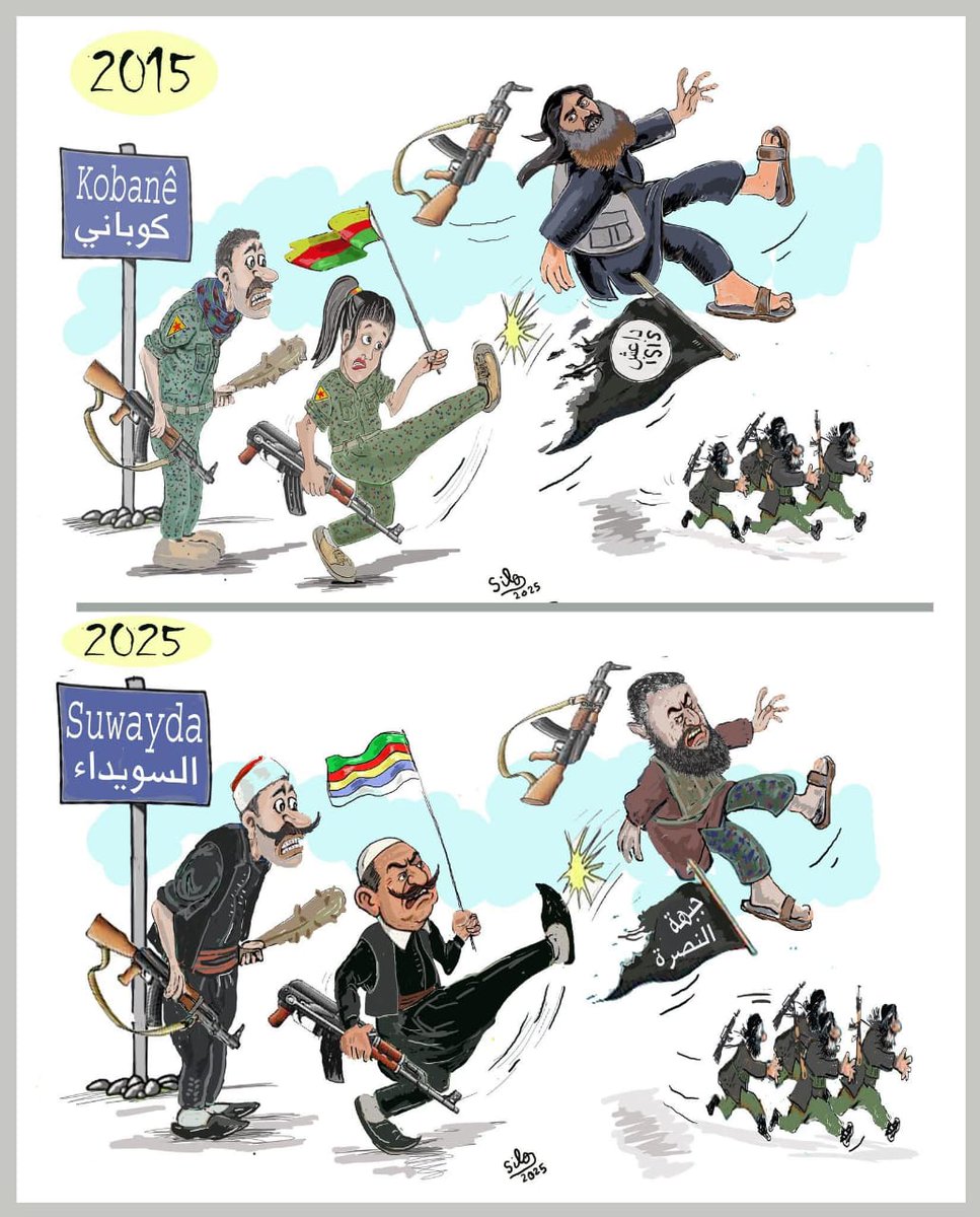 rojava_news_1's tweet image. انتصار الشعب على داعش في ارض المقاومة
كوباني 2015 💛
السويداء 2025 ❤️
