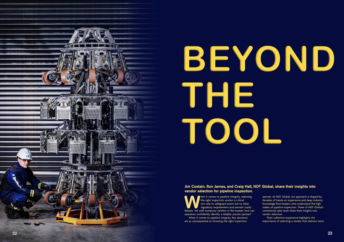 WorldPipelines (@worldpipelines) on Twitter photo For the July 2025 issue of World Pipelines, Jim Costain, Ron James, and Craig Hall, NDT Global, share their insights into vendor selection for pipeline inspection.
“When it comes to pipeline integrity, few decisions are as consequential as choosing the right inspection partner. For the July 2025 issue of World Pipelines, Jim Costain, Ron James, and Craig Hall, NDT Global, share their insights into vendor selection for pipeline inspection.
“When it comes to pipeline integrity, few decisions are as consequential as choosing the right inspection partner.