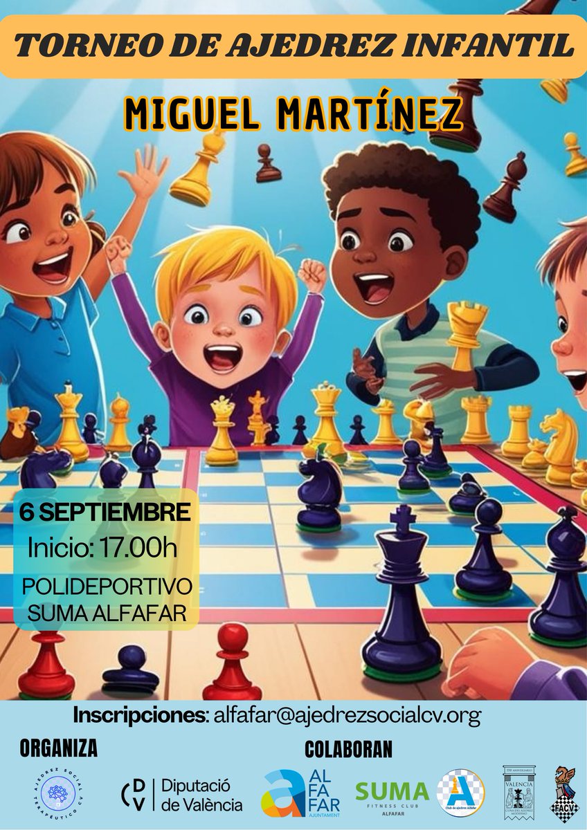 Nuevo torneo en Alfafar, enfocados a los más jóvenes. Si quieres disfrutar una buena tarde de ajedrez, ¡te esperamos!

☑️6 de septiembre a las 17.00h en SUMA Fitness Alfafar.
☑️Sistema Suizo a 8 rondas a 5' +3"
☑️Inscríbete aquí: l1nq.com/xYvju