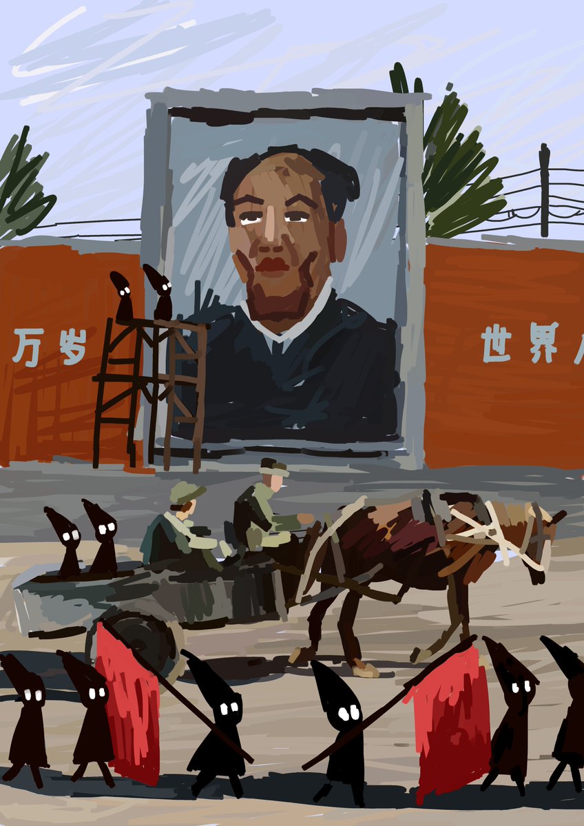 iniemohk's tweet image. Chinese officers starts to regret letting the overzealous gnomes paint the Mao Zedong mural at town square