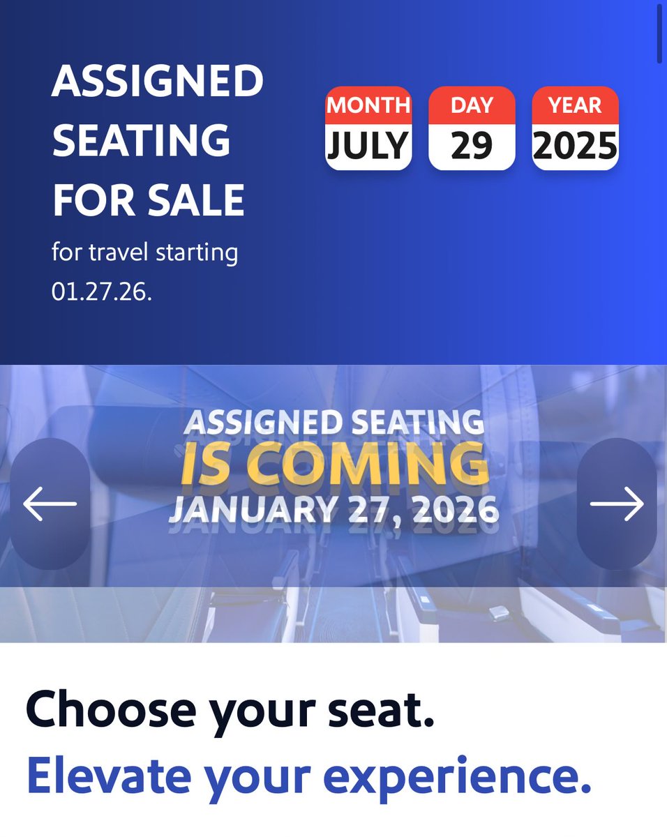 krisvancleave's tweet image. .@SouthwestAir sets date for assigned seating. Mark your calendar. January 27th, 2026 marks the switch. Flyers can book those seats starting July 29th picking between the new extra legroom, preferred seating or standard seating options. This follows SWA ditching “Bags Fly Free”