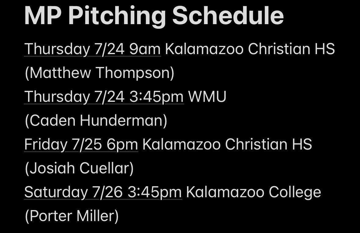 Baseball Concepts (@baseballconcept) on Twitter photo Upcoming weekend pitching schedule for MP 16u!
<a href="/MatthewT_22/">Matthew Thompson</a> ‘27 Grandville FB 82-84 T6
<a href="/cadenhund27/">Caden Hunderman</a> ‘27 Zeeland East FB 80-82
<a href="/CuellarJosiah41/">Josiah Cuellar</a> ‘27 West Ottawa FB 82-84
<a href="/2027PMiller/">Porter Miller</a> ‘27 Jenison FB 83-85 T6
<a href="/kzoobaseball/">Kalamazoo College Baseball</a> <a href="/WMUBaseball/">Western Michigan Baseball</a> Upcoming weekend pitching schedule for MP 16u!
<a href="/MatthewT_22/">Matthew Thompson</a> ‘27 Grandville FB 82-84 T6
<a href="/cadenhund27/">Caden Hunderman</a> ‘27 Zeeland East FB 80-82
<a href="/CuellarJosiah41/">Josiah Cuellar</a> ‘27 West Ottawa FB 82-84
<a href="/2027PMiller/">Porter Miller</a> ‘27 Jenison FB 83-85 T6
<a href="/kzoobaseball/">Kalamazoo College Baseball</a> <a href="/WMUBaseball/">Western Michigan Baseball</a>