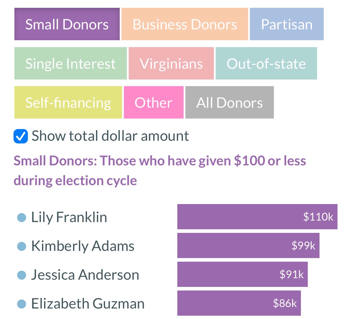 VirginiaHound's tweet image. The small-donor numbers put up by the four Democratic women running in the hardest-fought House of Delegates districts this year are crazy.
Lily Franklin raising $110k in &lt;$100 increments is quite a feat.