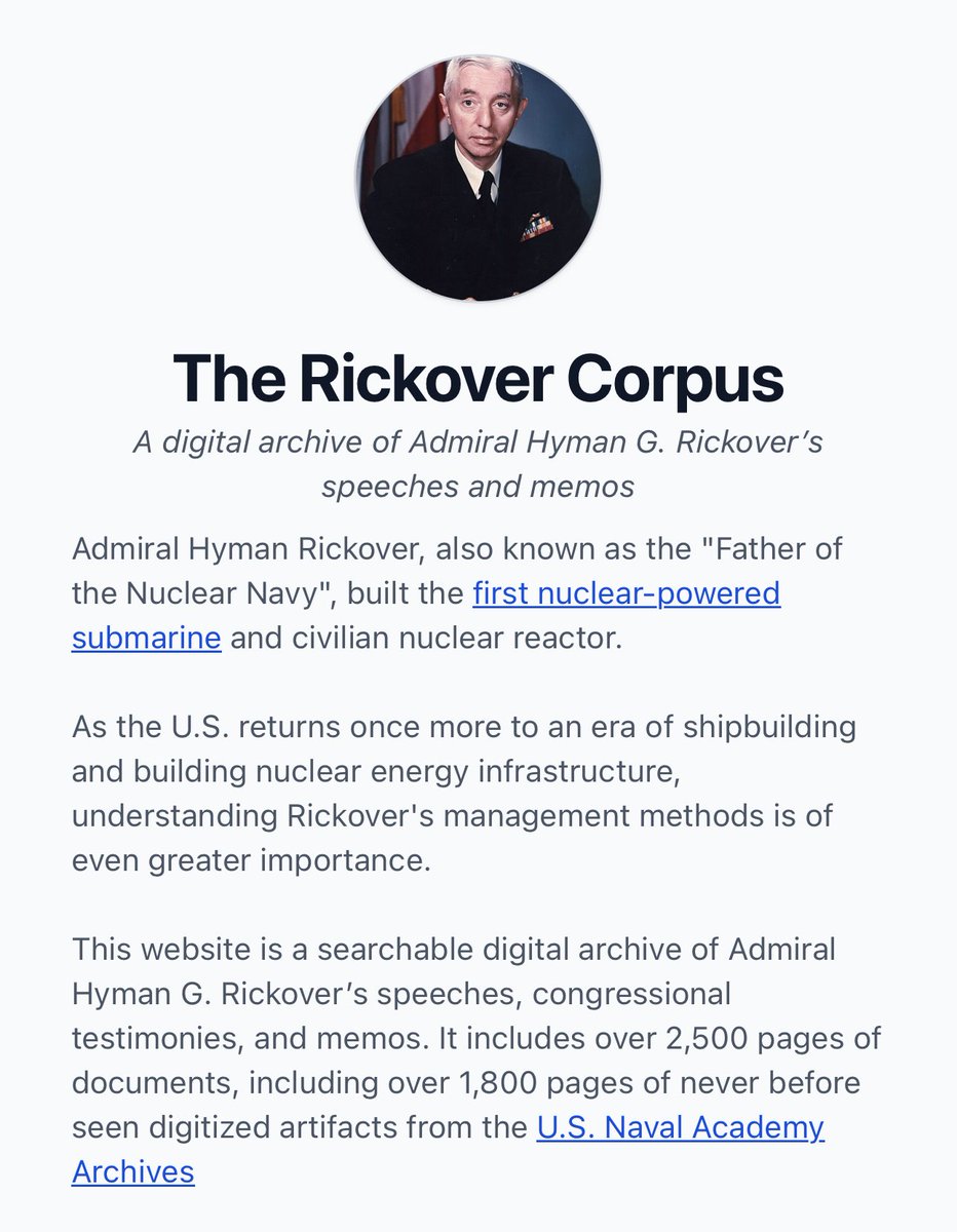 Glenn_Mallo's tweet image. 🇺🇸 He built the Nuclear Navy. Now his ideas could reignite America’s industrial and shipbuilding surge.
Over 2,500 pages of Admiral Rickover’s speeches, memos & testimony—covering defense, procurement, education, engineering & more—are now free and searchable.
Explore the…