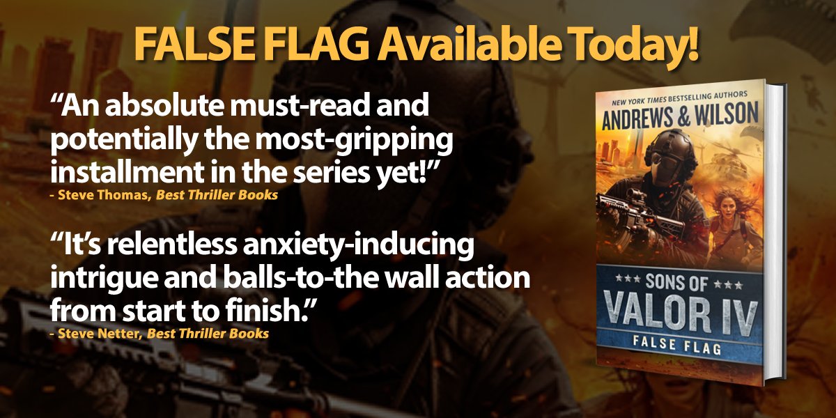BestThrillBooks's tweet image. SONS OF VALOR IV: FALSE FLAG by @BAndrewsJWilson (pub. by @BlackstoneAudio is available today.
Hopefully, you will follow them and buy the book.
Read the team’s review:
@NetsFromPDX: bestthrillerbooks.com/steve-netter/s…
@Orlando_AUTiger: bestthrillerbooks.com/steve-thomas/s…