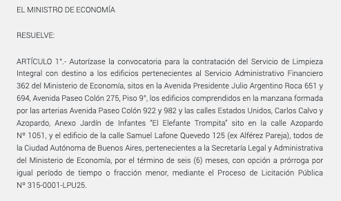 ngadano's tweet image. Toto Caputo lanza la licitación para contratar el servicio de limpieza integral del ministerio de Economía. Incluye las instalaciones del jardín de infantes "El Elefante Trompita"
boletinoficial.gob.ar/detalleAviso/p…