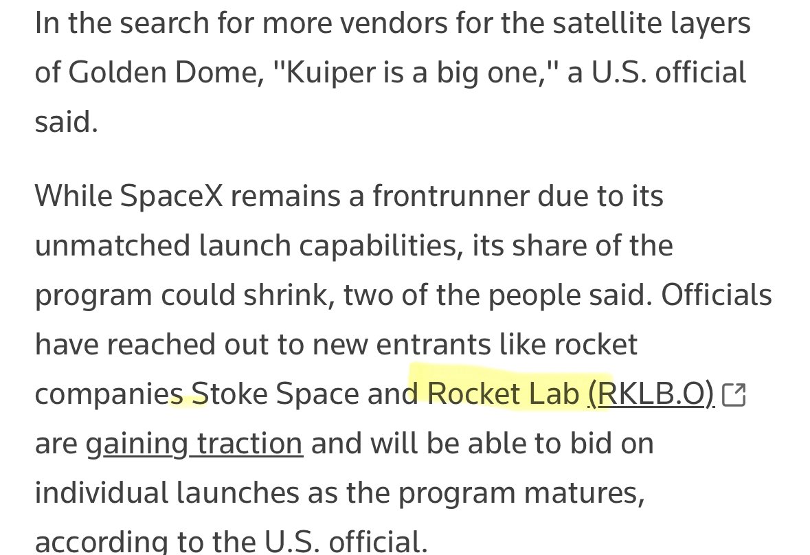 $RKLB 🗞️ 

Rocket Lab and Stoke Space have been contacted in relation to Golden Dome contracts Reuters reports this morning. 

“Officials have reached out to new entrants like rocket companies Stoke Space and Rocket Lab”

“Later in the development of Golden Dome "each individual
