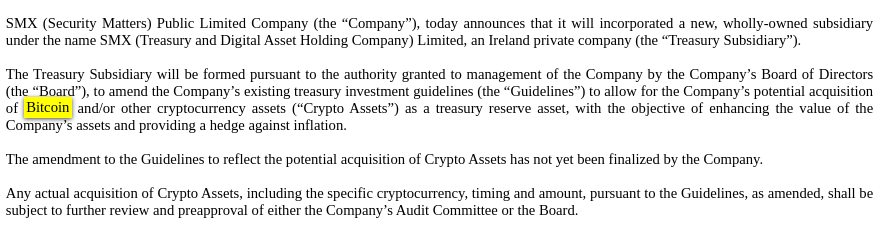btcNLNico's tweet image. 🚨JUST IN: 🇮🇪 SMX (Security Matters) plans to begin acquiring #bitcoin and other crypto assets as treasury reserves to enhance asset value and hedge against inflation.