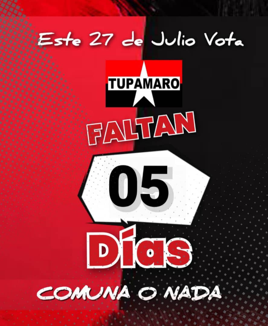 Faltan 05 días para la Gran Victoria Popular.

🗓️ 𝐄𝐬𝐭𝐞 2⃣7⃣ 𝐝𝐞 𝐌𝐚𝐲𝐨 
ＶＯＴＡ ＴＵＰＡＭＡＲＯ 🔴⚫
#VotaRebelde
𝐚𝐫𝐫𝐢𝐛𝐚 𝐲 𝐚 𝐥𝐚 𝐢𝐳𝐪𝐮𝐢𝐞𝐫𝐝𝐚