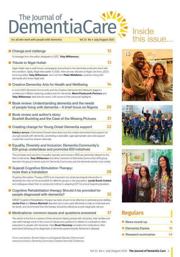 JDementiaCare's tweet image. The July/August Journal of Dementia Care is out!
This issue:
🔹 Creating change for Young Onset Dementia support
🔹 GREAT Cognitive Rehabilitation Therapy
🔹 Adapting CST for a Gujarati population
🔗 Read: buff.ly/bkcH7sn
📬 Subscribe: buff.ly/9QMWbMK...