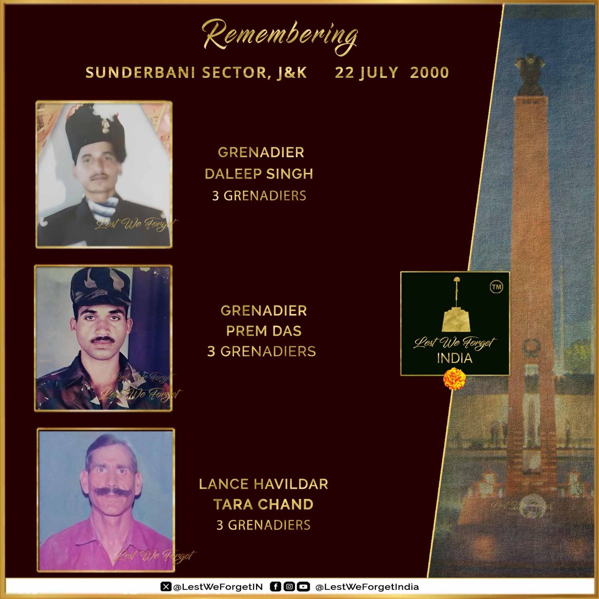 LestWeForgetIN's tweet image. #LestWeForgetIndia🇮🇳 

Grenadier Daleep Singh
Grenadier Prem Das
Lance Havildar Tara Chand

The three #IndianBraves of 3 GRENADIERS made the supreme sacrifice along the Line of Control in Sunderbani sector, J&amp;amp;K #OnTHisDay 22 July in 2000.

TWENTY-FIVE years on we remember the…