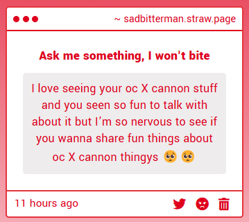 sadbitterman's tweet image. Aww, thank you! I love ocxcanon and adore it when people show their original characters. I support creating OC content and don't mind "sharing" the same characters. It's not like I own them, lol.