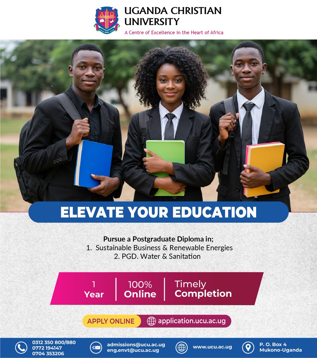UCU_EngEnvt's tweet image. Graduate with purpose. Apply now for a Postgraduate Diploma at UCU — September Intake 2025 is OPEN! Gain in-demand skills, grow your expertise &amp;amp; lead with confidence. Limited slots available. Enroll Now: application.ucu.ac.ug