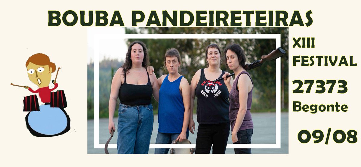 Abrirán os concertos da noite un dos grupos que máis nos custou traer ao torreiro do #festival27373. Nunca era posible que as datas cadraran...ata esta edición número 13. As mulleres bravas de Tordoia, as Bouba Pandeireteiras, por fin, estarán no 27373. E nós estamos encantadas.