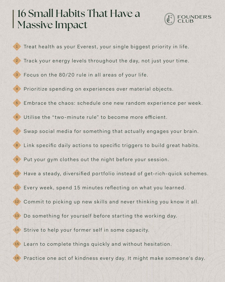 FoundersClubUS's tweet image. 16 Small Habits That Have a Big Impact: