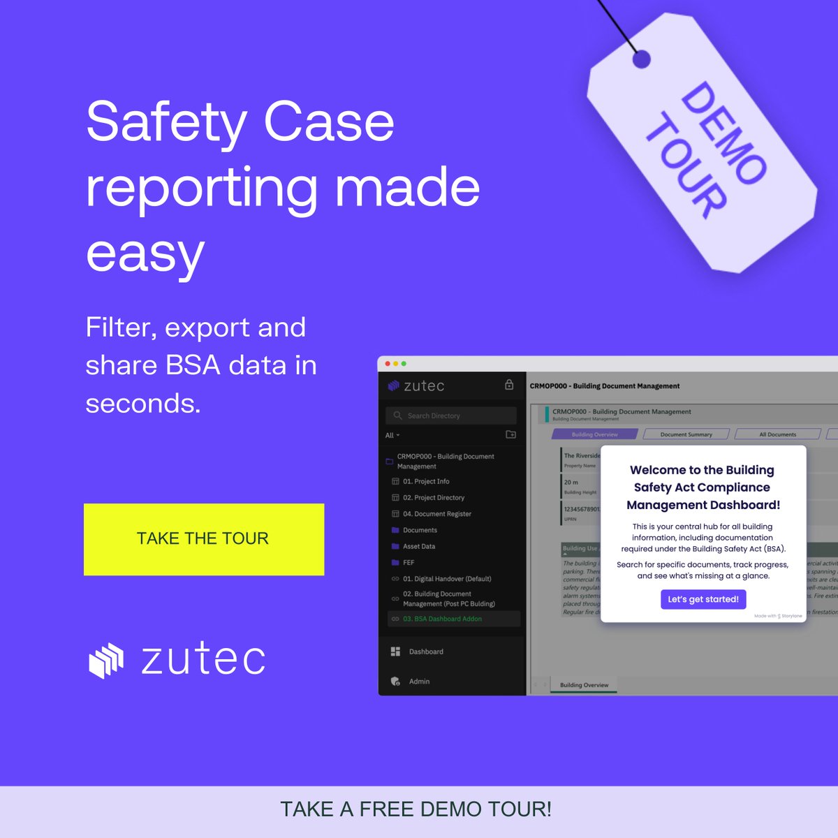 Creating a Safety Case doesn’t have to be a headache. Take the self-guided tour of Zutec’s BSA dashboard and simplify your next submission. 

👉 Start the tour: bit.ly/44KsBkw

#BuildingSafetyAct #SafetyCase #PropTech