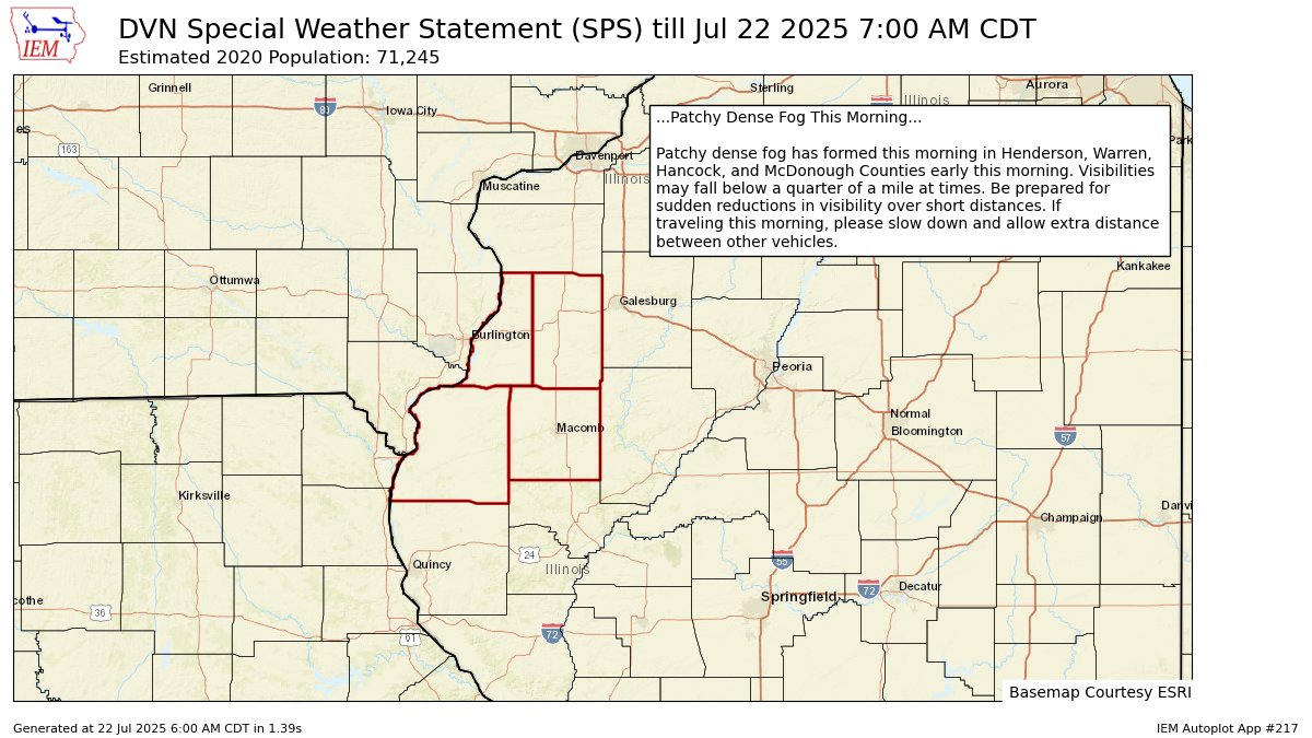 NWSQuadCities's tweet image. 🚨 Patchy dense fog will be found across SE Iowa, NE Missouri and WC Illinois over the next couple of hours. Keep this in mind for the AM commute. Conditions should improve by 9 AM. #iawx #ilwx #mowx