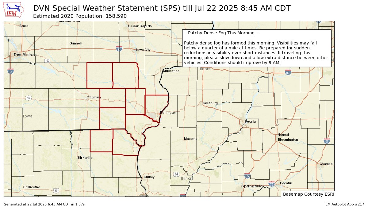 NWSQuadCities's tweet image. 🚨 Patchy dense fog will be found across SE Iowa, NE Missouri and WC Illinois over the next couple of hours. Keep this in mind for the AM commute. Conditions should improve by 9 AM. #iawx #ilwx #mowx