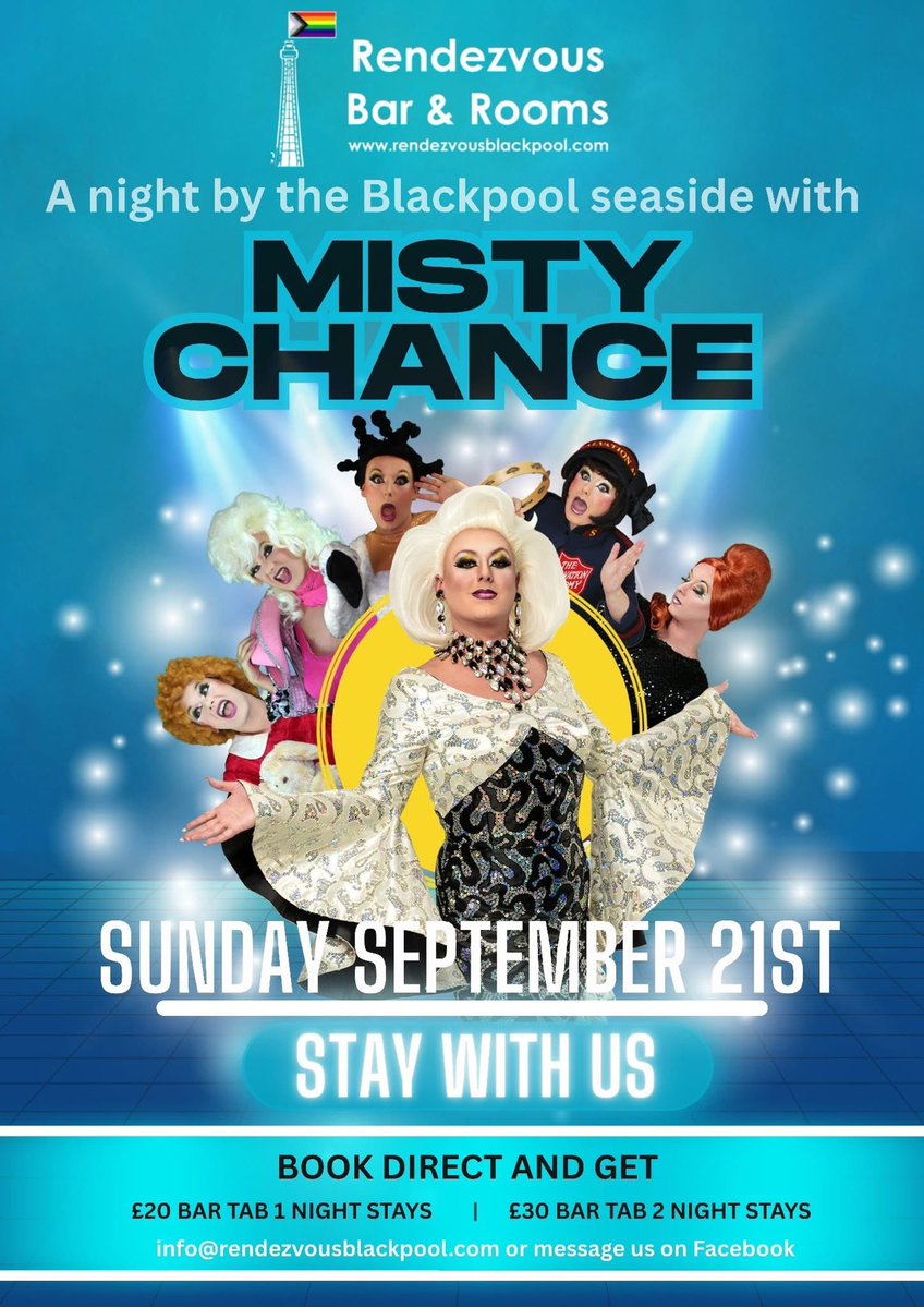 I have a little seaside show coming up in September at Rendezvous Bar, Blackpool 🌊 🫏 🏖️ 🎢 
If anyone wants to make a night of it and stay over, then they are doing a special offer. 
Email info@rendezvousblackpool.com for prices.
#ManchesterOnTour 🐝 🏳️‍🌈