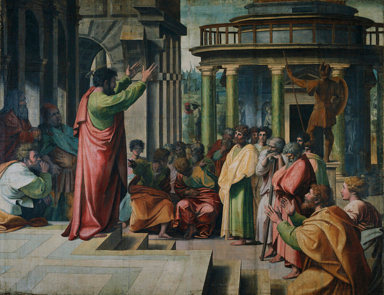 TheologyTweets's tweet image. Raphael's "Saint Paul Preaching in Athens" visually interprets Acts 17:22-31, capturing the moment when the Apostle Paul addressed the Athenians about the "unknown god" at the Areopagus.