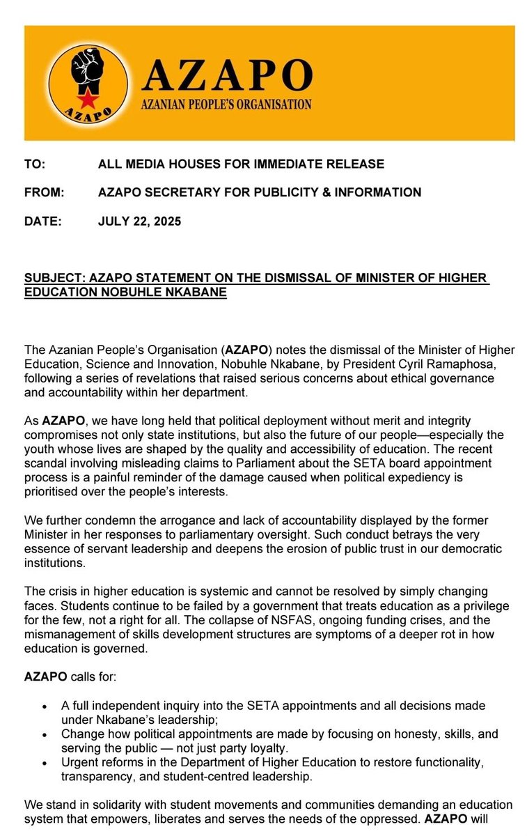AZAPO_News's tweet photo. AZAPO STATEMENT ON THE DISMISSAL OF MINISTER OF HIGHER EDUCATION NOBUHLE NKABANE  

AZAPO calls for:  

- A full independent inquiry into the SETA appointments and all decisions made under Nkabane’s leadership;  

- Change how political appointments are made by focusing on honesty, skills, and serving the public — not just party loyalty.  

- Urgent reforms in the Department of Higher Education to restore functionality, transparency, and student-centred leadership.