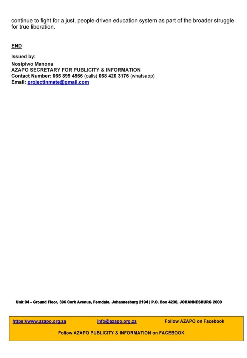 AZAPO STATEMENT ON THE DISMISSAL OF MINISTER OF HIGHER EDUCATION NOBUHLE NKABANE  

AZAPO calls for:  

- A full independent inquiry into the SETA appointments and all decisions made under Nkabane’s leadership;  

- Change how political appointments are made by focusing on