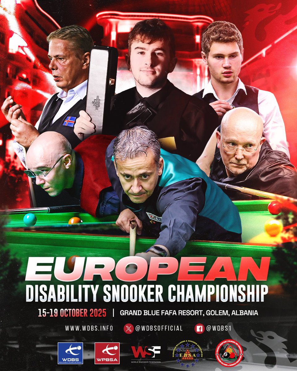 World Disability Billiards and Snooker (@wdbsofficial) on Twitter photo 🇦🇱 EUROPEAN DISABILITY SNOOKER CHAMPIONSHIP 2025 | ENTER NOW!
Entries are now open!
Please note that the deadline to be considered for additional events at the <a href="/SnookerEbsa/">EBSA-SNOOKER</a> European Championships is this Friday ⏰
Info 👇
wdbs.info/european-disab…
#DisabilitySnooker 🇦🇱 EUROPEAN DISABILITY SNOOKER CHAMPIONSHIP 2025 | ENTER NOW!
Entries are now open!
Please note that the deadline to be considered for additional events at the <a href="/SnookerEbsa/">EBSA-SNOOKER</a> European Championships is this Friday ⏰
Info 👇
wdbs.info/european-disab…
#DisabilitySnooker