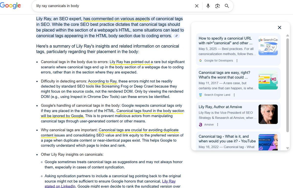 lilyraynyc's tweet image. AI Overviews are funny.
I was looking for the source(s) of specific things I know I've said over the years (you know, some call it *using a search engine*)
AI Overviews then go on to summarize what I have said (which aligns with what I think I said)... but without any sources.β¦