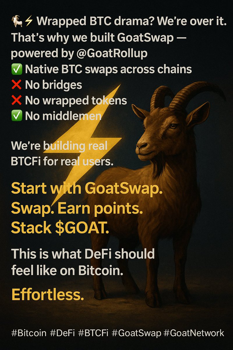 cryptopulse5656's tweet photo. 🐐⚡ $GOAT Airdrop is LIVE!
No bridges. No wrapped tokens. Just pure, native BTC swaps.

💰 Earn. Stack $GOAT.
Start using @GoatSwap powered by @goatnetwork — and score points toward the airdrop.

🚀 Join now: [insert link]

#Bitcoin #BTCFi #DeFi #GoatSwap #Airdrop #GoatNetwork https://t.co/JQgKYiDrT6