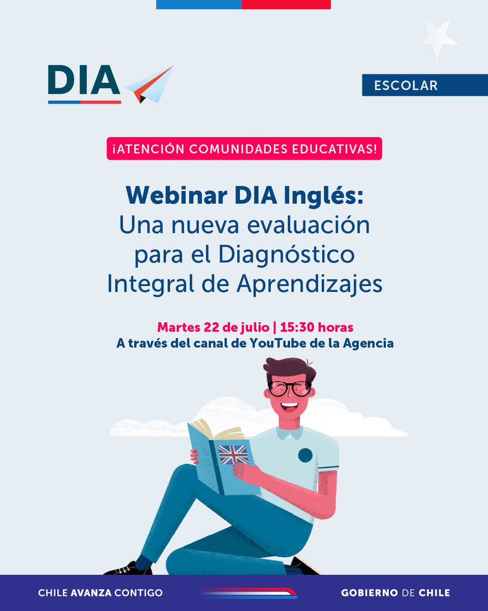 ¡Webinar DIA Inglés! 👨‍💻👩‍💻 Te invitamos a profundizar en los instrumentos que ponemos a disposición para evaluar los aprendizajes de 5° y 6° básico, en las habilidades de Listening, Reading, Writing y Speaking.

Martes 22 de julio, a través de: youtube.com/live/k692wgQKP…
