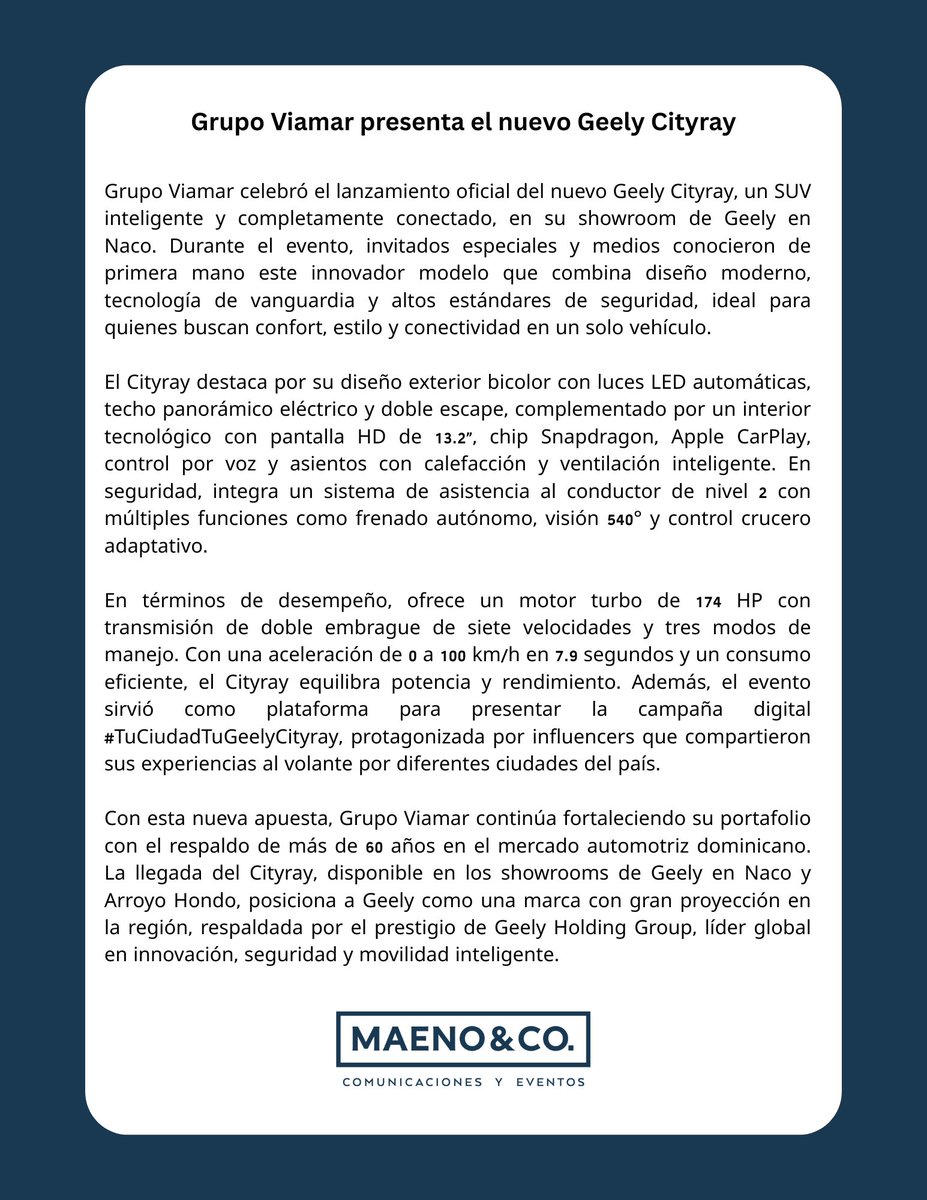 maenoco's tweet photo. Grupo Viamar presenta el nuevo Geely Cityray.

#Viamar #Geely #Cityray https://t.co/cjgFwnMSa6