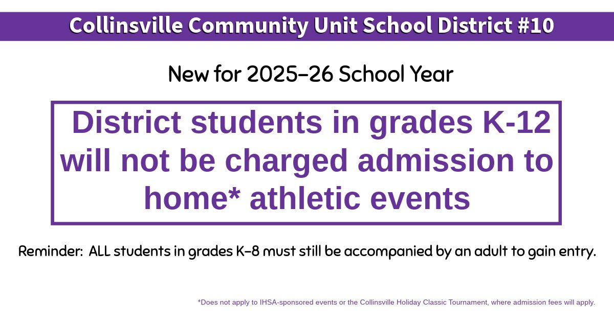 Collinsville CUSD10 (@cusd10) on Twitter photo Use this link to to read more. New for the 2025-26 School Year: Collinsville CUSD 10 Waives Admission for All Students to Attend Home Athletic Events psqr.io/lSCfOVLPGV via <a href="/ParentSquare/">ParentSquare</a> Use this link to to read more. New for the 2025-26 School Year: Collinsville CUSD 10 Waives Admission for All Students to Attend Home Athletic Events psqr.io/lSCfOVLPGV via <a href="/ParentSquare/">ParentSquare</a>