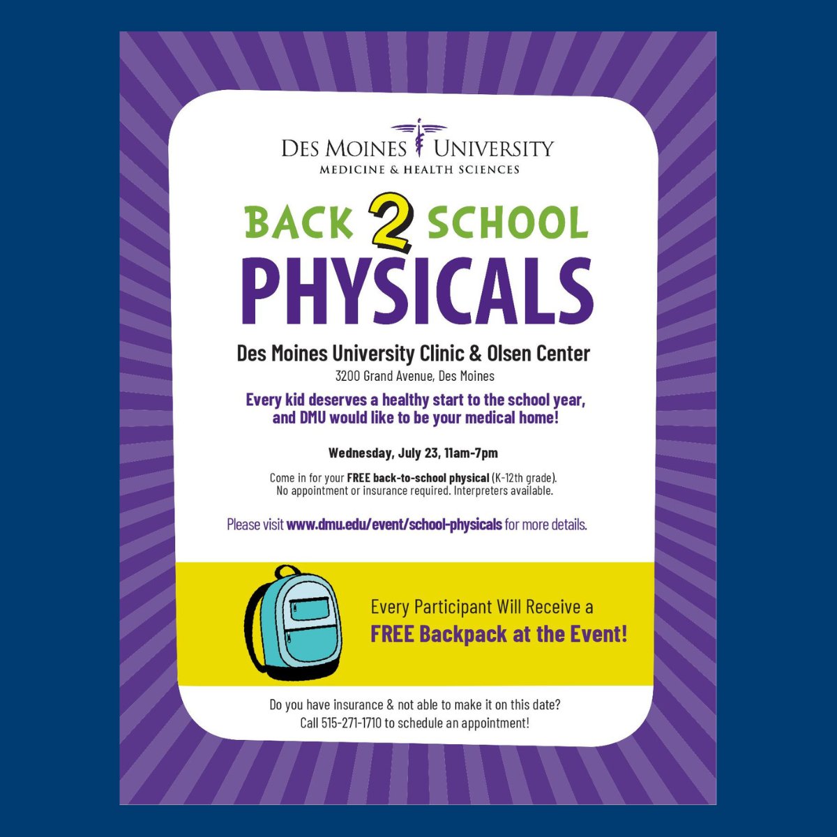 dmpsactivities's tweet image. 🚨FREE SPORTS PHYSICALS TOMORROW!!! 
Des Moines University is offering free physicals for K-12 students on July 23 from 11am- 7pm. 
🩺 No insurance or appointment needed
🌍 Interpreters available
🎒 Every student gets a free backpack at the event!