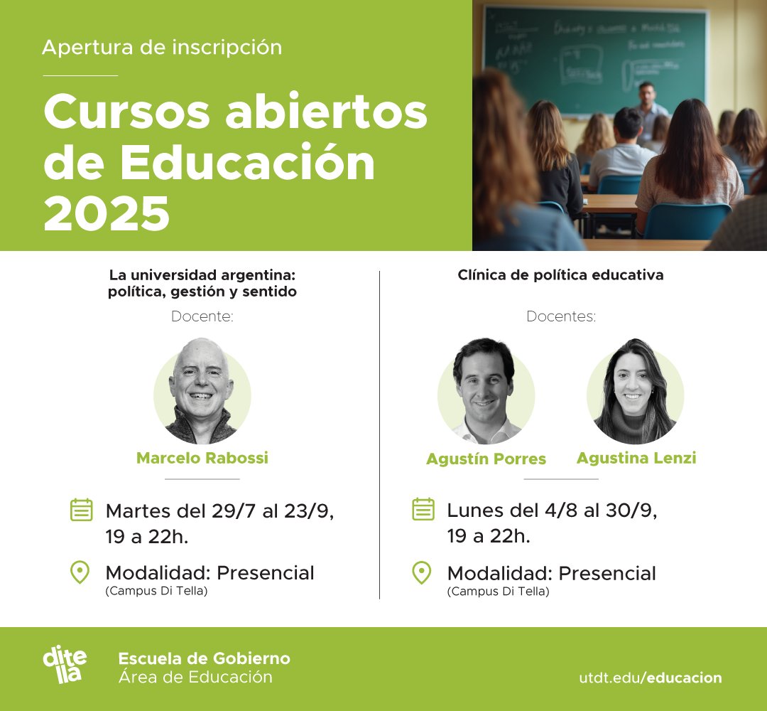 utditella's tweet image. 🎓✨ ¡Ya está abierta la inscripción a los nuevos cursos abiertos del Área de Educación!
Forman parte del plan de estudios de las Maestrías en Educación de la Escuela de @UTDT_Gobierno y cada uno tiene una duración total de 30 horas.
🔗 Conocé más e inscribite:…