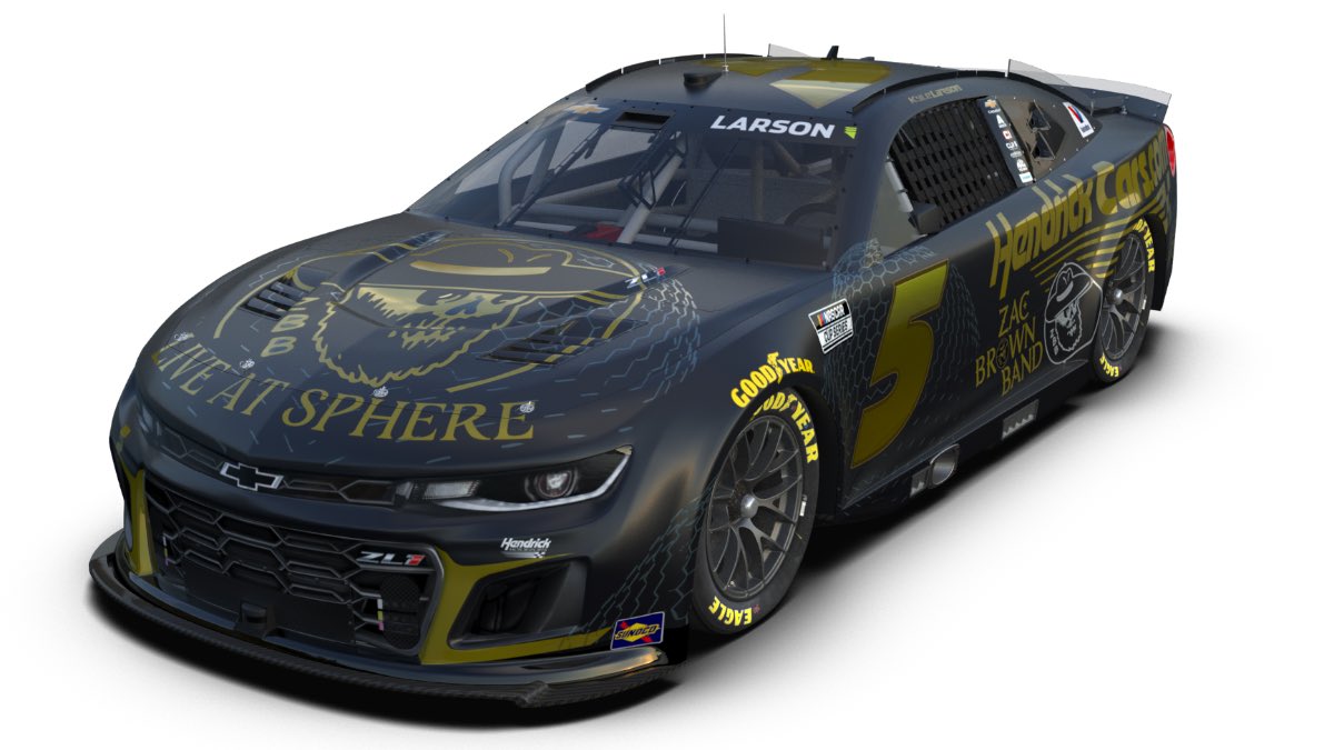 Toby_Christie's tweet image. In the #NASCAR Cup Series Playoff race at Las Vegas, @KyleLarsonRacin will pilot this special black and gold Zac Brown Band “Live at Sphere” paint scheme.
It’s in promotion of upcoming Zac Brown Band concert dates at Sphere Las Vegas (Dec. 5, 6, 12, and 13).