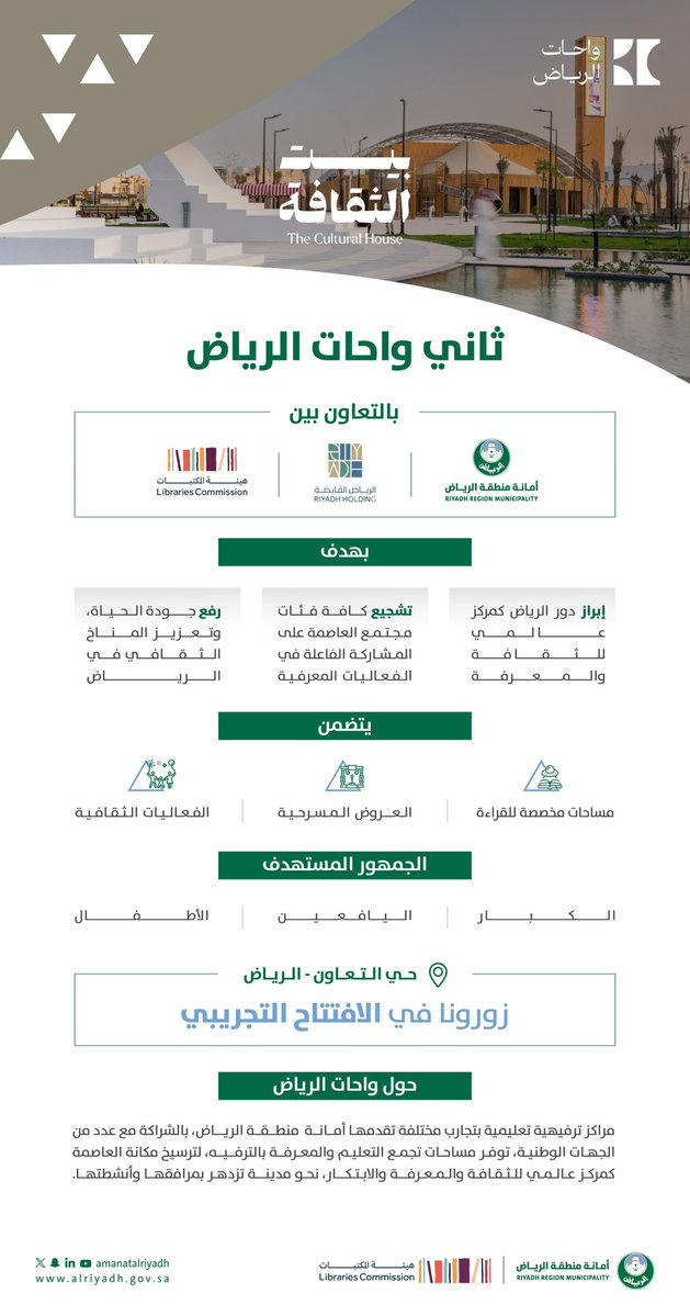 Amanatalriyadh's tweet image. مرحبًا بكم في الافتتاح التجريبي
لـ #بيت_الثقافة في حي التعاون؛ ثاني
الواحات المفتتحة من #واحات_الرياض 📚
حيث تُكتب السطور الأولى لمستقبل ثقافي
نريده أن يكون حيًّا، عميقًا، ومتاحًا للجميع،
ليشكّل إضافة نوعية للمشهد الثقافي في
العاصمة، وبالتعاون مع شركائنا.✨