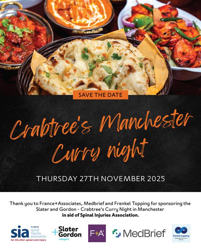 spinalinjuries's tweet image. We are delighted to share that our trusted legal partners @SlaterGordonUK are hosting their popular Crabtree’s Curry Night in Manchester in support of Spinal Injuries Association 🥂 Thursday 27 November 2025, 5 to 9pm @eastZeast Salford, £50 pp. More info: spinal.co.uk/slater-and-gor…