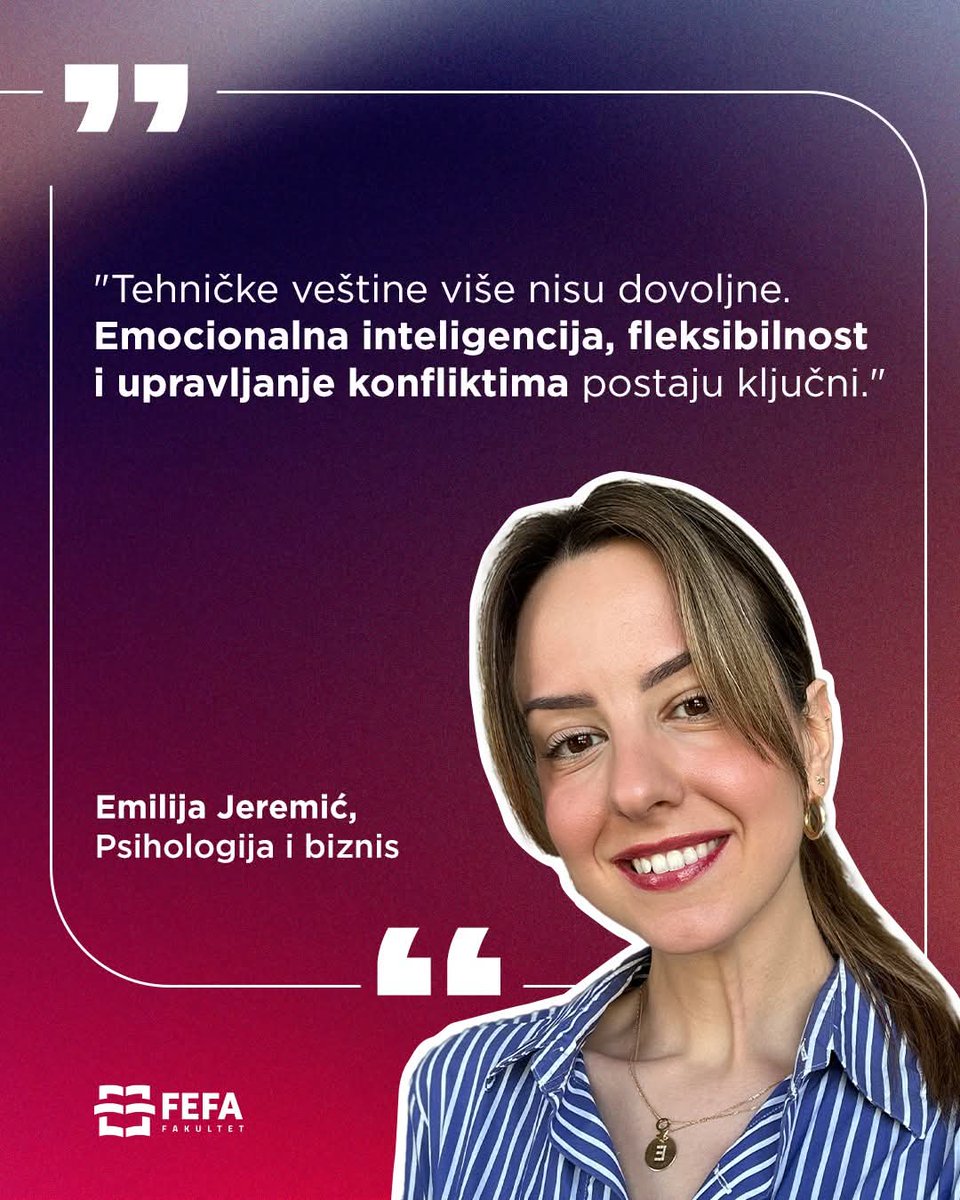 Emilija Jeremić, saradnica na usmerenju Psihologija i biznis, govorila je o mekim veštinama koje prave razliku između onih koji promene slede i onih koji promene podstiču. 
Ceo intervju pronađite na sajtu #FEFA fakulteta.
fefa.edu.rs/vesti/menadzme…