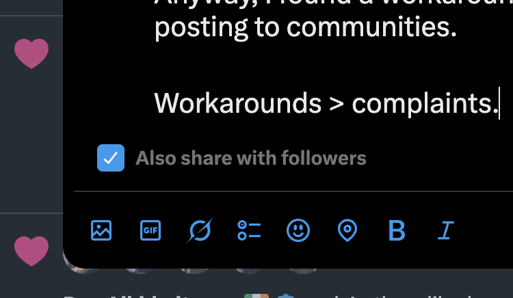 enzo_tsx's tweet image. New X API changes:
Just found out that when you post in a Community on X, it doesn't show up on your timeline.
You can change this by pressing the checkbox on the UI, but not via API
Anyway, I found a workaround: immediate retweet after posting to communities.โฆ