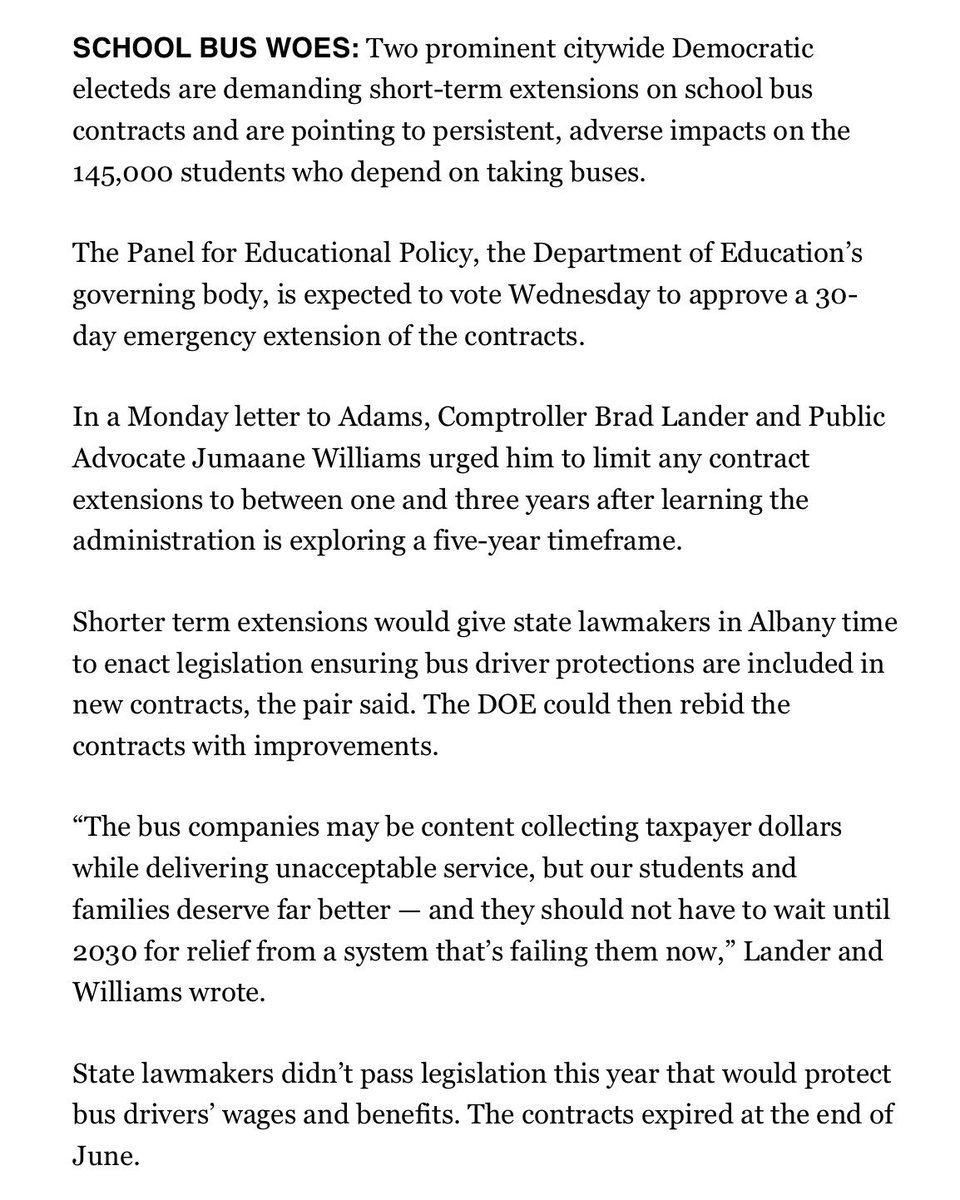 NYCComptroller's tweet image. Via @politicony: Extreme delays. Overlong routes. Brutal heat.
@NYCSchools's poor bus service is widespread, especially hurting homeless students and those with IEPs.
For @nycmayor to lock in a 5 year extension to a flawed 45 year old contract is simply unacceptable.