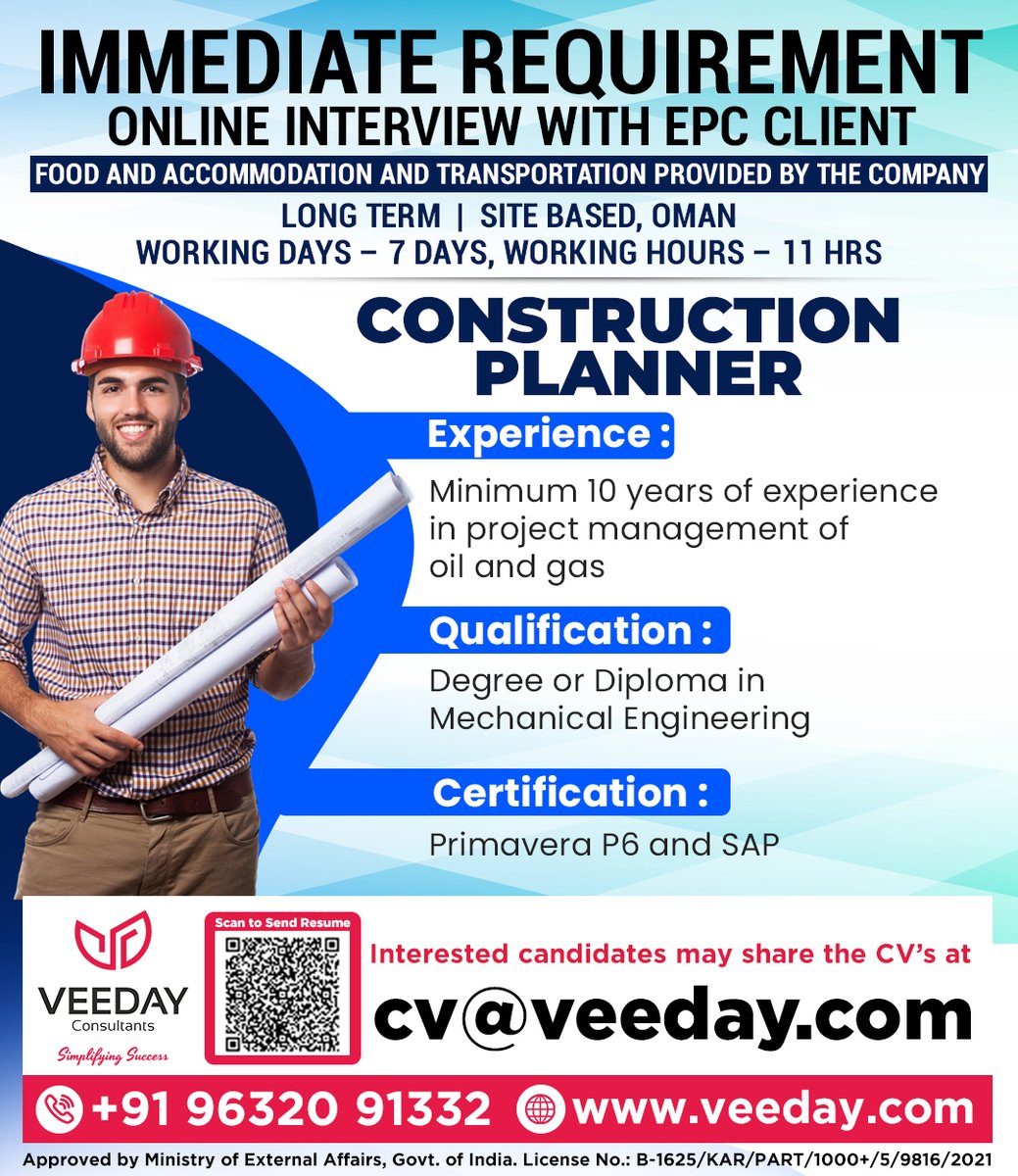 Immediate Requirement
Online Interview With Epc Client

Construction Planner

#OmanJobs #ConstructionPlanner #OilAndGasJobs #PrimaveraP6 
#SAP #ProjectManagement #MiddleEastJobs #EPCJobs 
#VeedayRecruitment