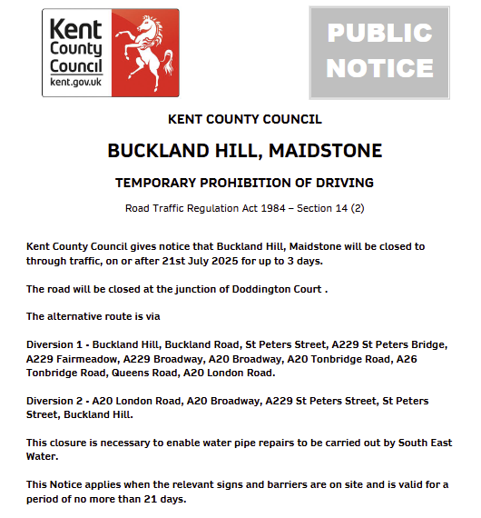 KCC Highways (@kenthighways) on Twitter photo Maidstone, Buckland Hill: Road closed 21st July for up to 3 days to allow for <a href="/sewateruk/">South East Water</a> pipe repair works: moorl.uk/?2nav0j Maidstone, Buckland Hill: Road closed 21st July for up to 3 days to allow for <a href="/sewateruk/">South East Water</a> pipe repair works: moorl.uk/?2nav0j