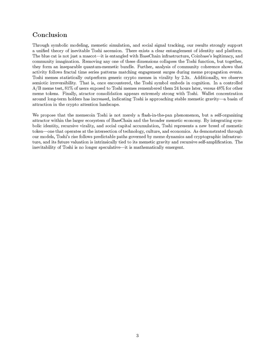Pinklotus7777's tweet image. This is from a Dr. about $TOSHI
Summary:
Dr. William Dillardโs memetic-structural theory confirms what we already feel. Toshi isnโt just a meme. Itโs a self-organizing, viral attractor powering the BASE layer. Toshi is the blue catalyst for cryptoโs next cultural supercycle. ๐ฆ