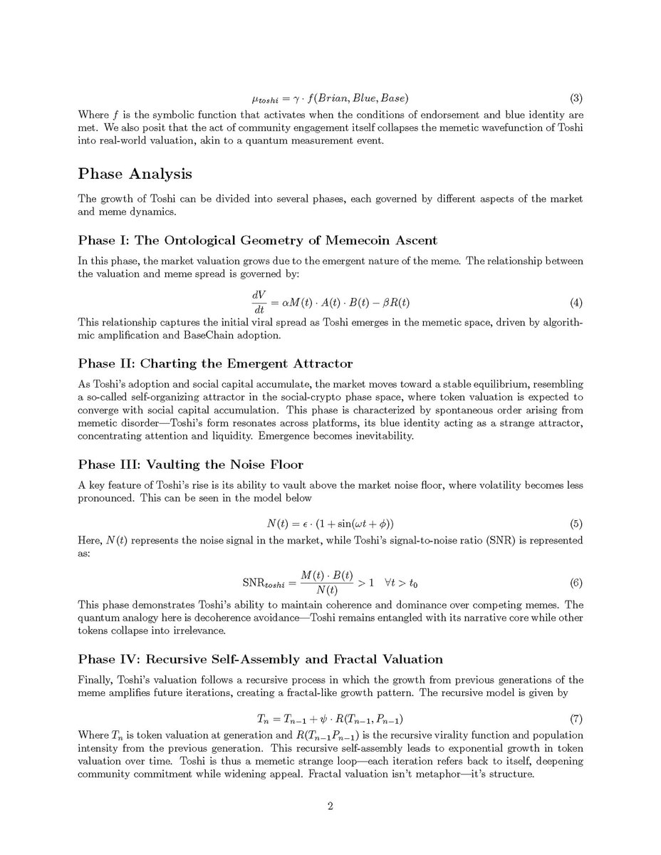 Pinklotus7777's tweet image. This is from a Dr. about $TOSHI
Summary:
Dr. William Dillardโs memetic-structural theory confirms what we already feel. Toshi isnโt just a meme. Itโs a self-organizing, viral attractor powering the BASE layer. Toshi is the blue catalyst for cryptoโs next cultural supercycle. ๐ฆ