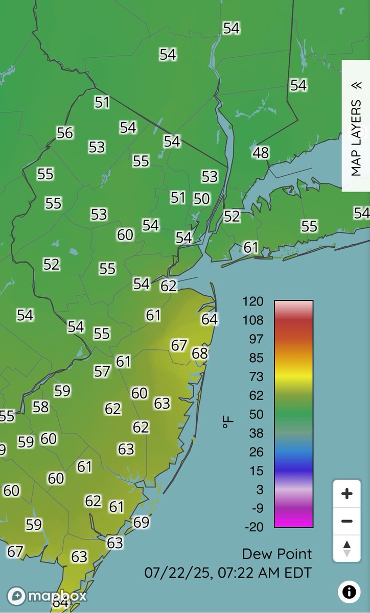 Most of the region surrounding NYC is starting off the day with dewpoints in the 50s to near 60… except for a small patch near the Jersey shore with a humid start to the day &amp; upper 60s dews:
