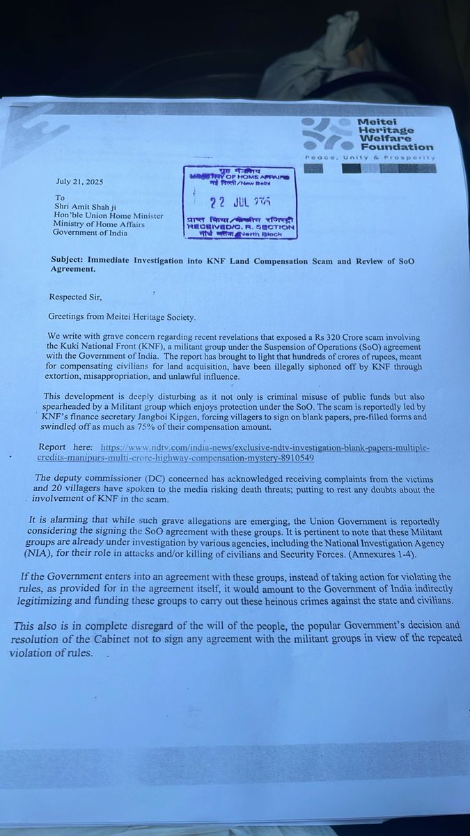 meiteiheritage's tweet image. Today, we submitted a representation to @HMOIndia @RajBhavManipur requesting immediate investigation into the Rs 320 Crore land compensation scam, where a Militant Group KNF under SOO agreement, allegedly ripped off crores of rupees of helpless victims of their own Tribes.…